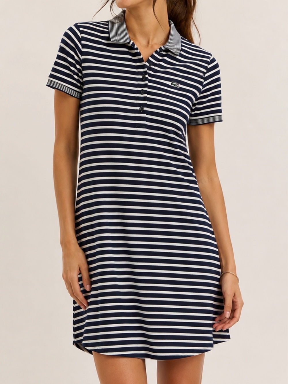 Lacoste Striped Polo Dress EU 40 US 8 Navy White Cotton Preppy Summer Casual - Picture 1 of 9